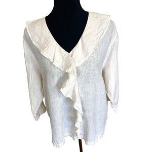 Mosaic Womens Linen Blouse Large Ruffled V Neck 3/4 Sleeve Lightweight Cream